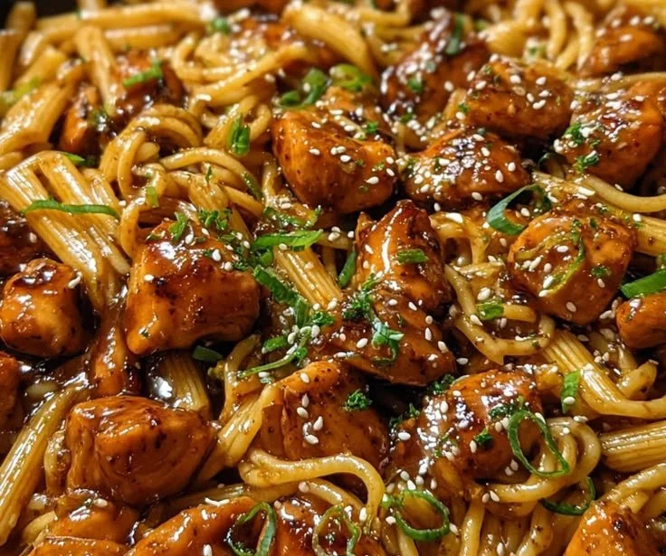 Delicious Sticky Honey Garlic Chicken Pasta Skillet topped with herbs