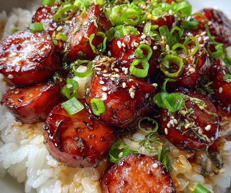 Sticky honey garlic smoked sausage with rice, a flavorful one-pot meal.