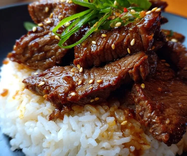 Delicious sticky honey smoky garlic butter steak served over rice.