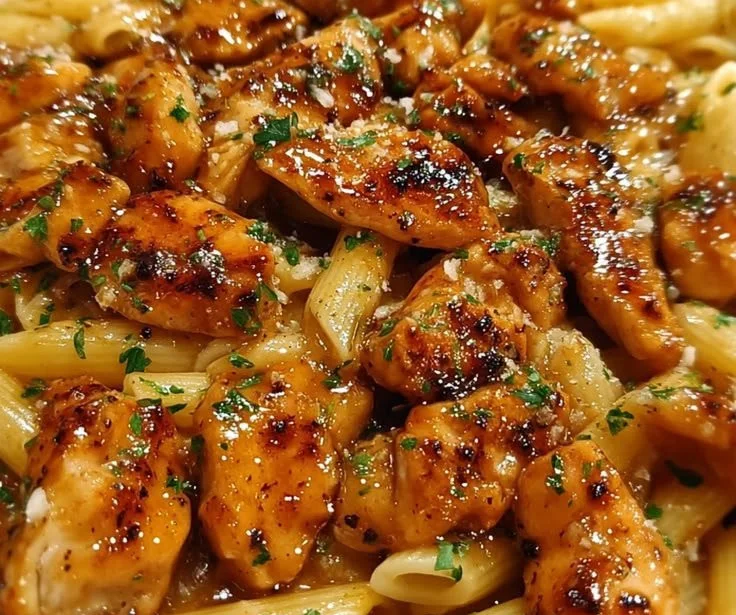 Delicious sticky smoky garlic butter chicken pasta served in a bowl