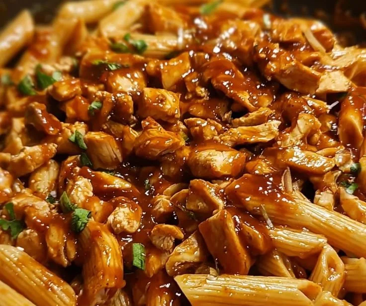 Plate of Sticky Sweet Chili BBQ Chicken Pasta with vibrant colors and textures