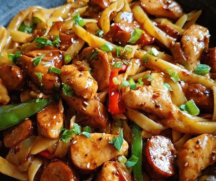 Delicious garlic chicken pasta with sweet sauce and sausage in a bowl