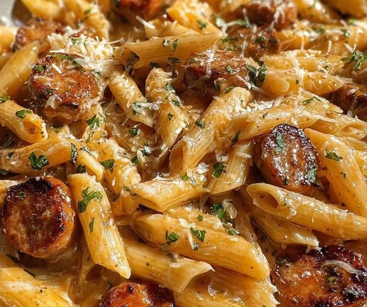 Delicious garlic parmesan sausage penne pasta dish ready to serve.