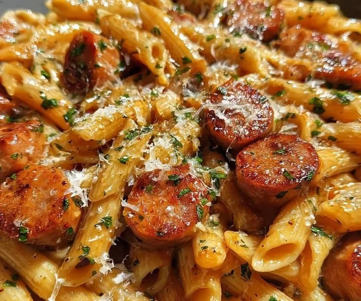 Sticky sweet garlic parmesan sausage penne served in a bowl garnished with parsley.