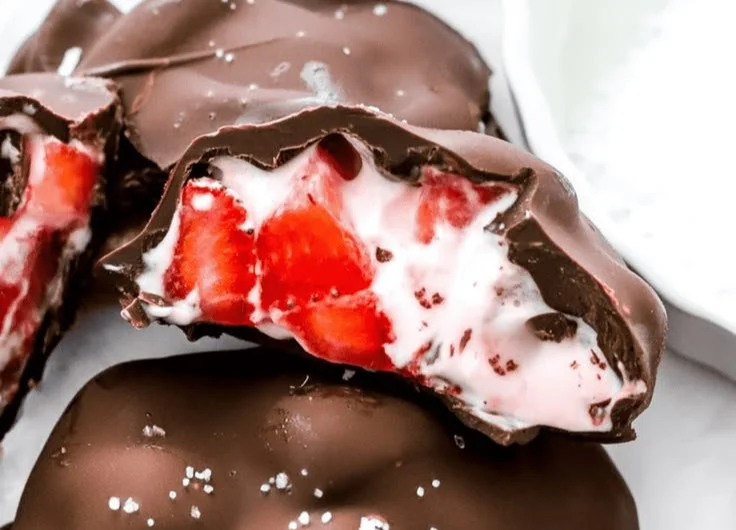 Strawberry-chocolate frozen yogurt bites arranged on a plate