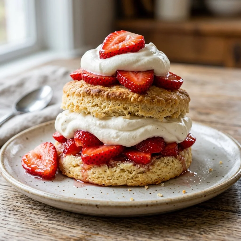 A delicious strawberry shortcake with layers of fresh strawberries and whipped cream
