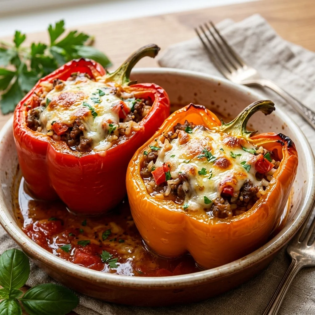 Colorful stuffed bell peppers filled with rice, meat, and vegetables.