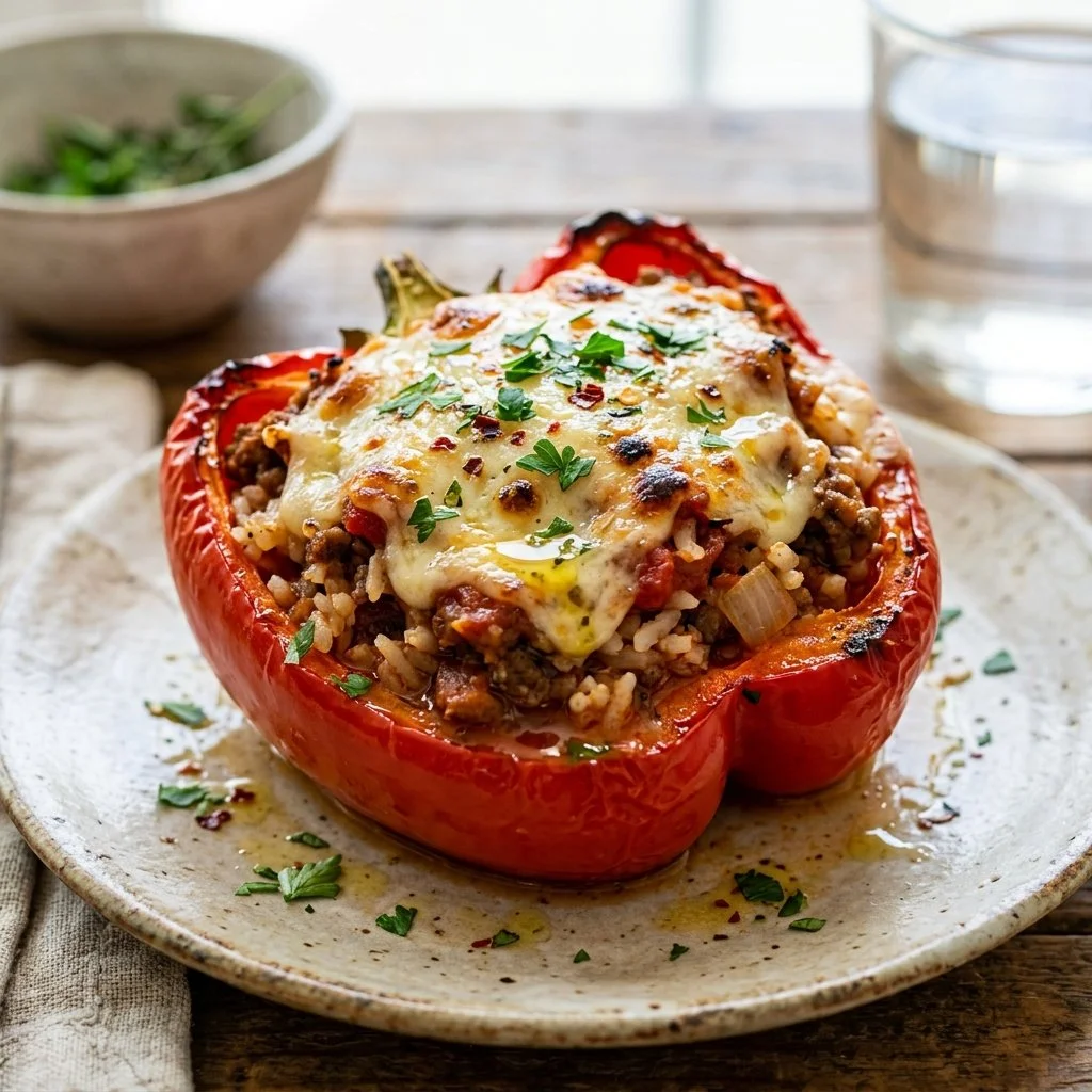 Colorful stuffed bell peppers filled with rice, meat, and vegetables