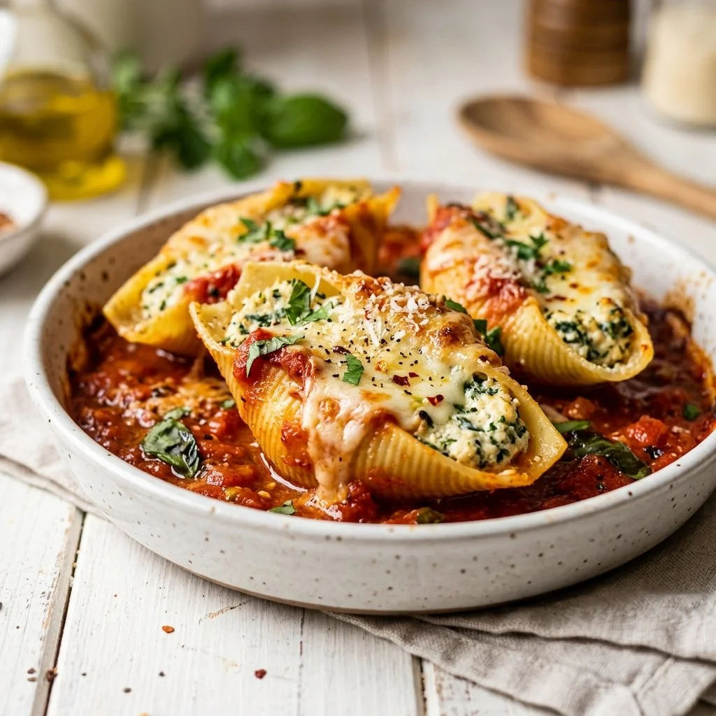 Delicious stuffed shells filled with cheese and herbs, served in marinara sauce.