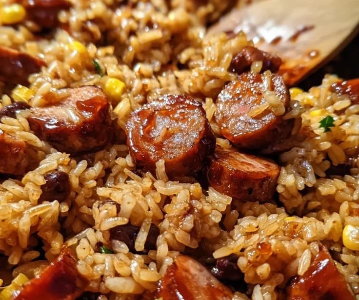 One pan Sweet and Tangy BBQ Sausage Rice ready to serve