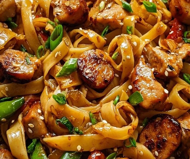 Plate of Garlic Chicken Pasta with sausage and vegetables