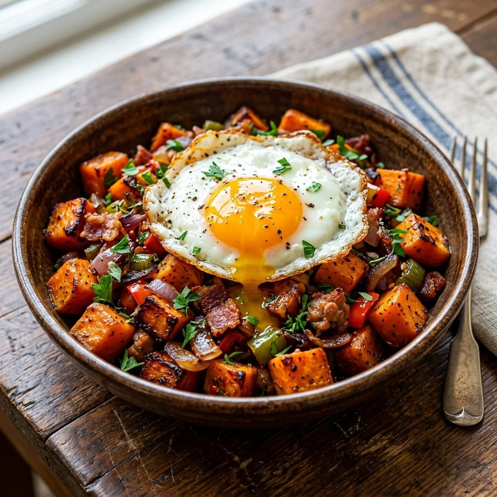 Colorful sweet potato breakfast hash with veggies and herbs on a plate