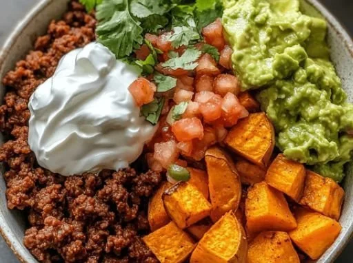 Delicious Sweet Potato Taco Bowl topped with fresh vegetables and avocado.