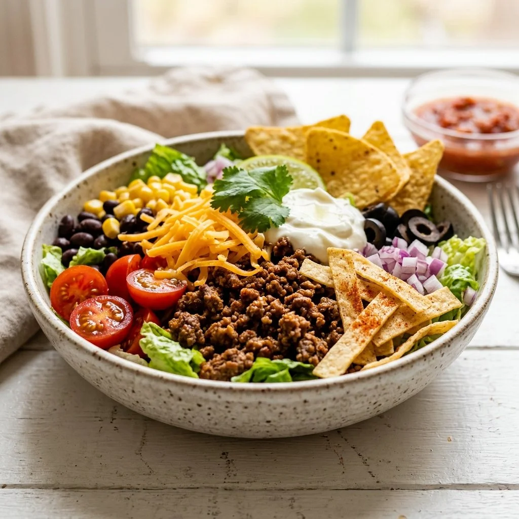 A colorful taco salad filled with fresh ingredients and vibrant toppings.