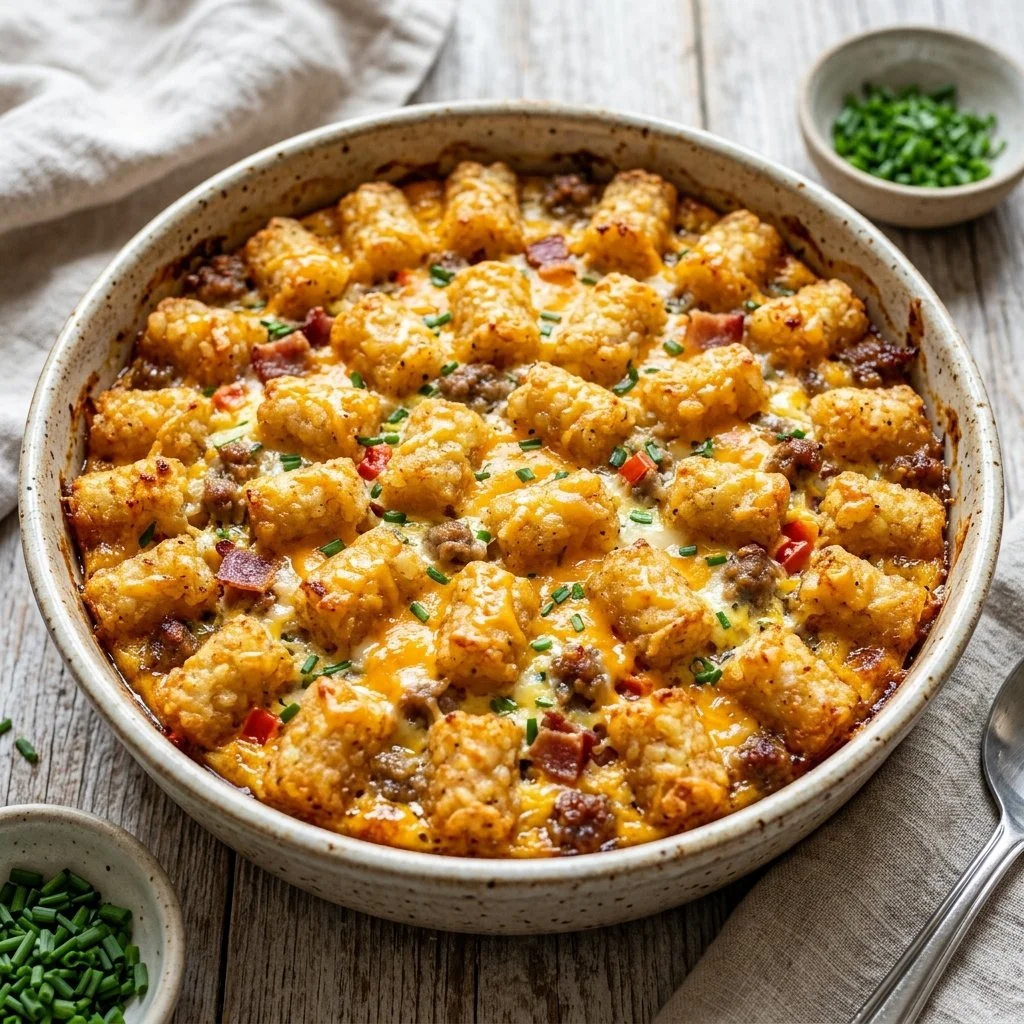 Tater Tot Breakfast Casserole with eggs, cheese, and tater tots baked to perfection