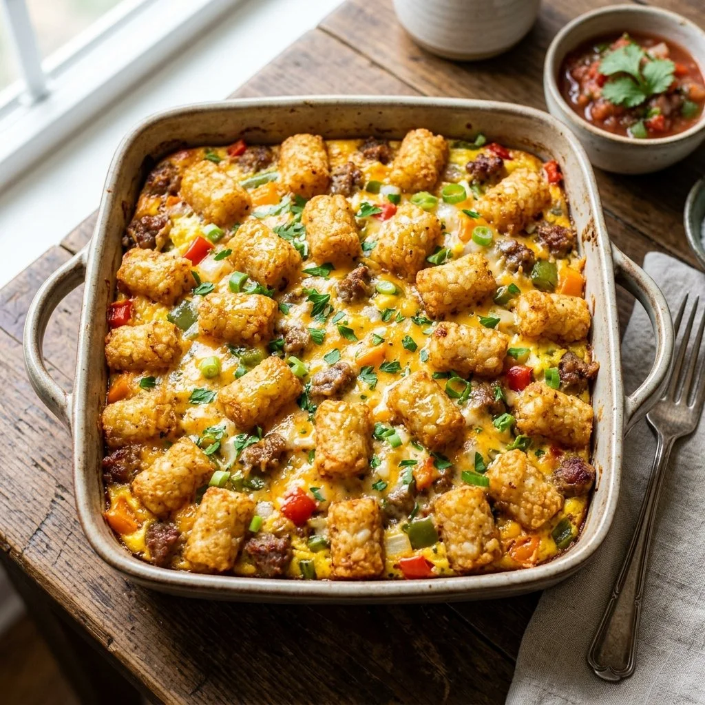 Delicious Tater Tot Breakfast Casserole with eggs, cheese, and vegetables