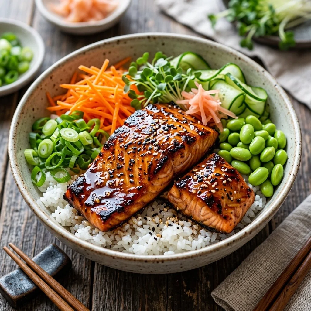 Delicious teriyaki salmon bowl with rice and vegetables