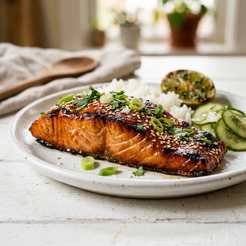 Delicious teriyaki salmon dish served with vegetables and rice.