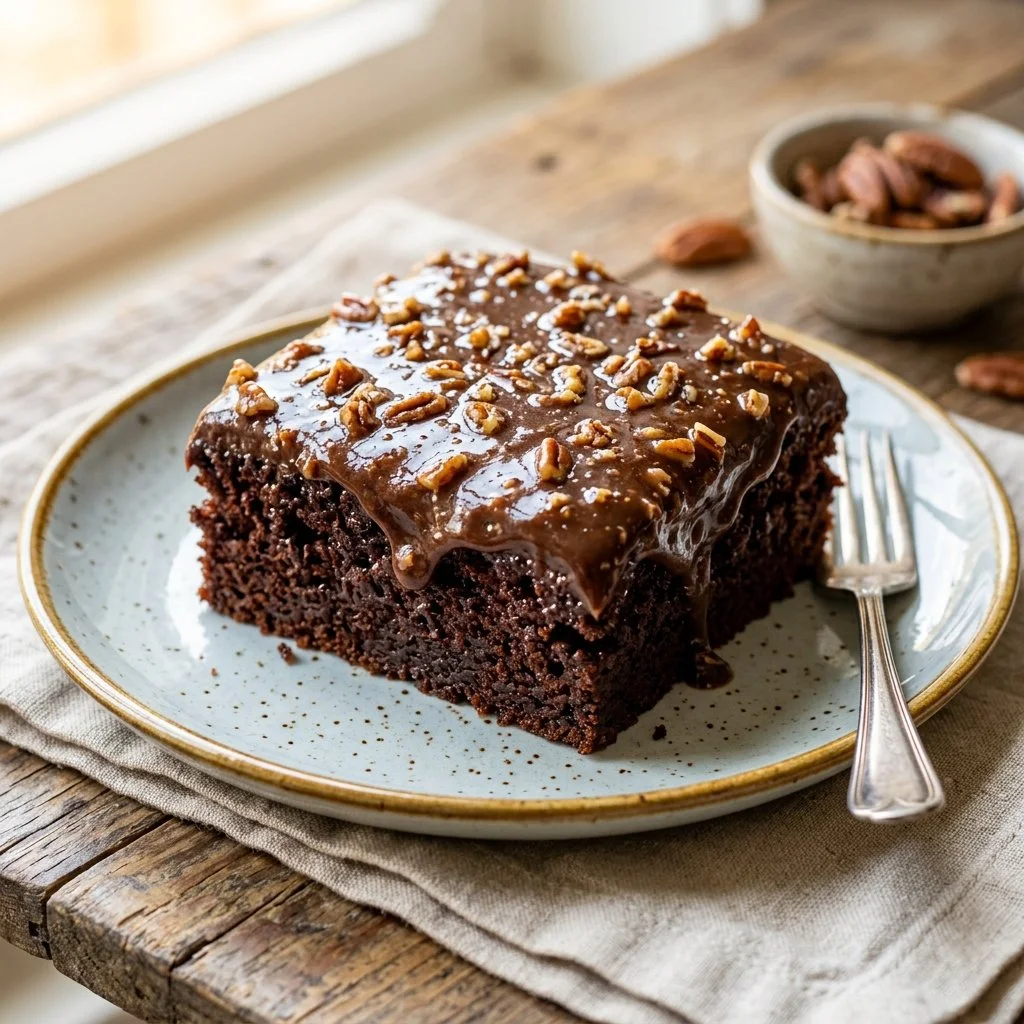 Delicious Texas Sheet Cake topped with chocolate frosting and pecans.