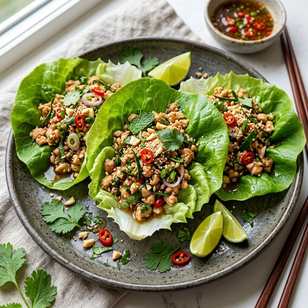 Thai Chicken Lettuce Wraps with fresh vegetables and flavorful sauce