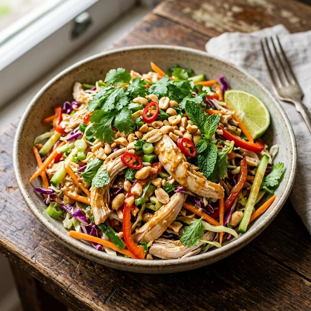 Delicious Thai Peanut Chicken Salad with vibrant vegetables and peanut dressing