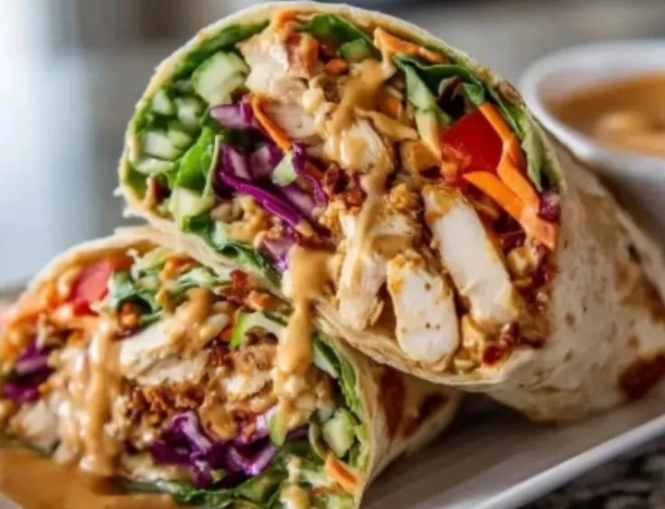 Delicious Thai Peanut Chicken Wraps ready to serve on a plate.