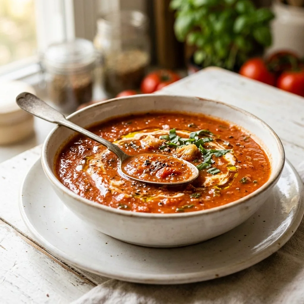 Bowl of homemade tomato soup topped with fresh basil and croutons
