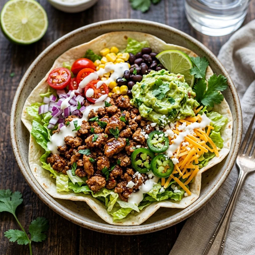 Healthy Turkey Taco Salad topped with fresh vegetables and seasoning