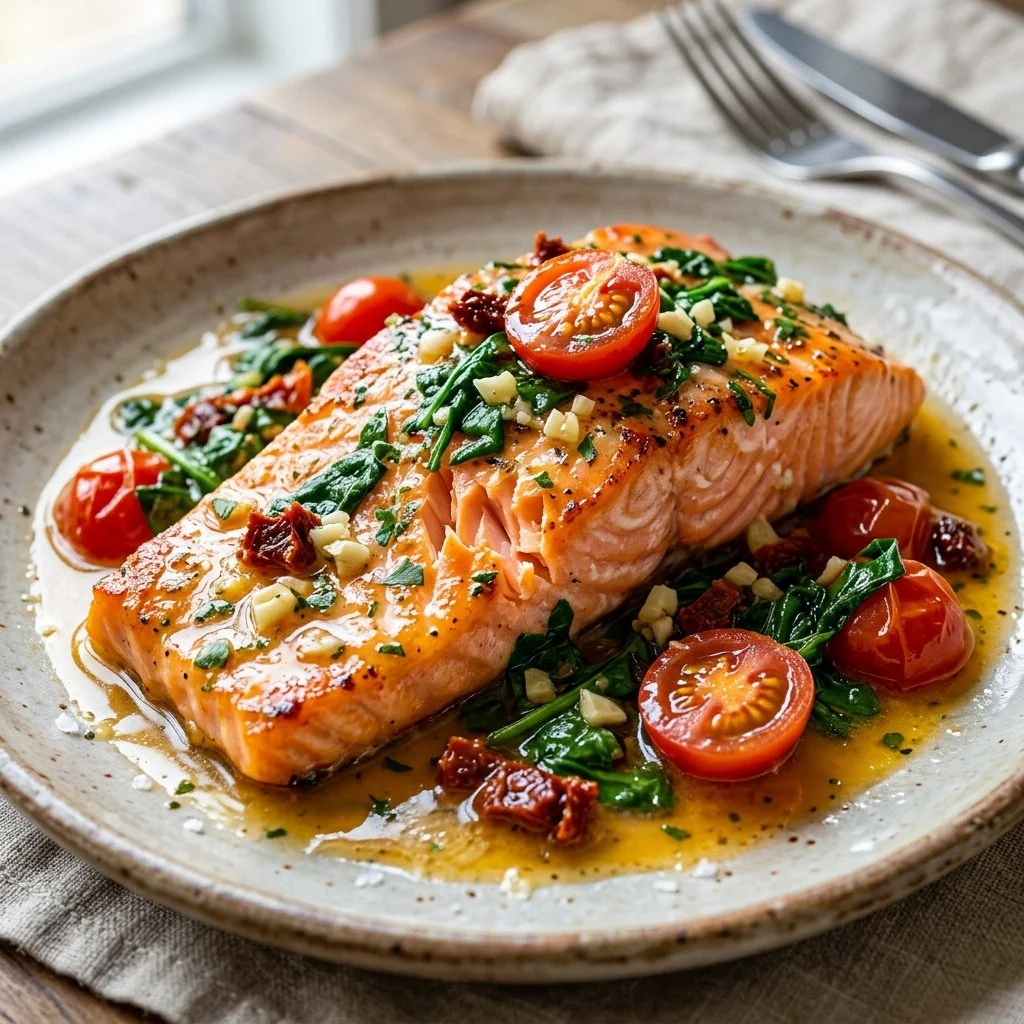 Delicious Tuscan Butter Salmon served with fresh herbs and lemon