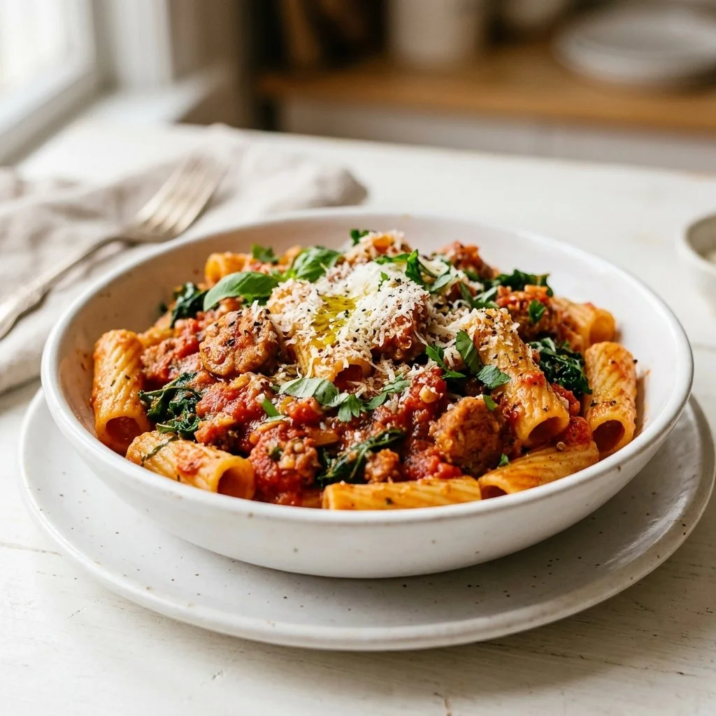 Plate of Tuscan pasta with fresh herbs and ingredients