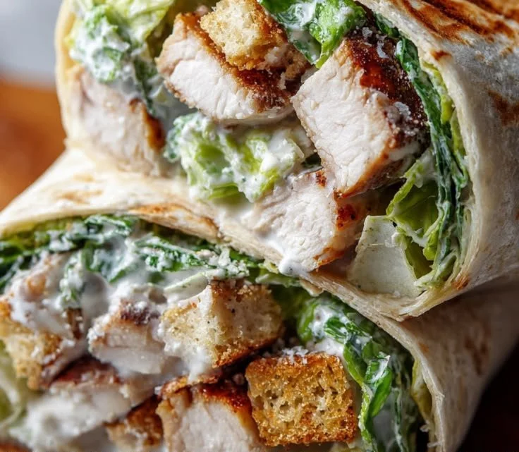 Delicious ultimate Chicken Caesar Wraps, crispy and creamy, served in a golden-brown tortilla.