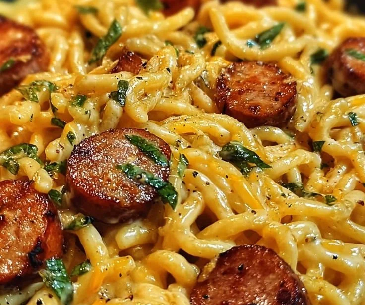Creamy white cheddar ranch pasta in a pan with fresh herbs and cheese on top
