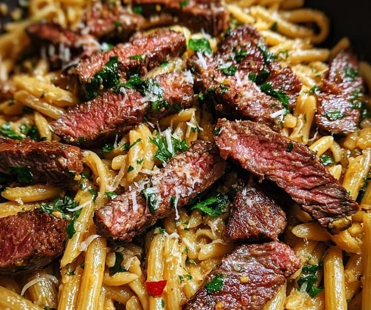 Delicious spicy garlic butter parmesan steak pasta dish served in a bowl