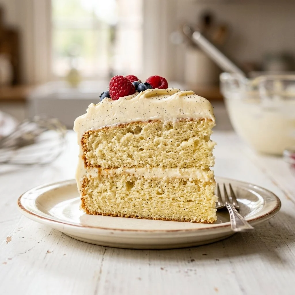 Delicious homemade vanilla cake recipe with frosting and decorations.