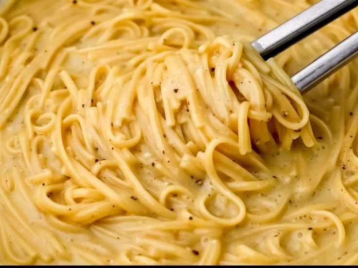 Bowl of Vegan Cacio e Pepe with black pepper and vegan cheese