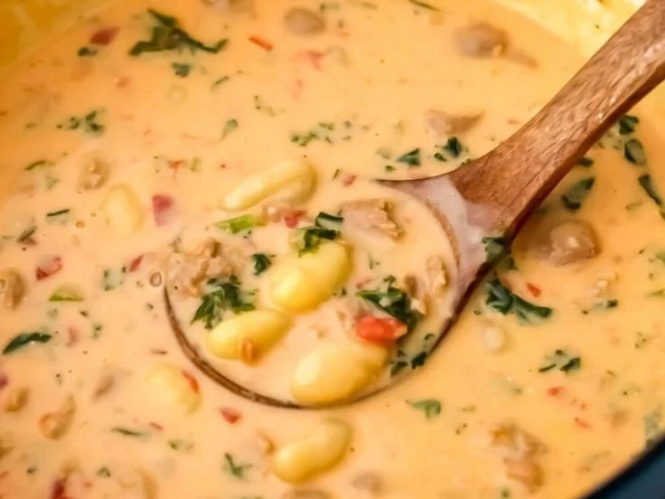 Bowl of vegan gnocchi soup garnished with fresh herbs and vegetables