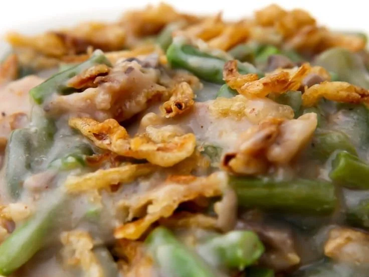 Vegan green bean casserole made with fresh ingredients and creamy sauce