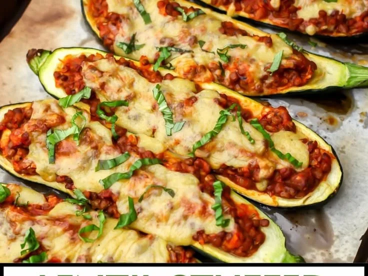 Vegan lentil-stuffed zucchini boats topped with herbs and spices for a healthy meal
