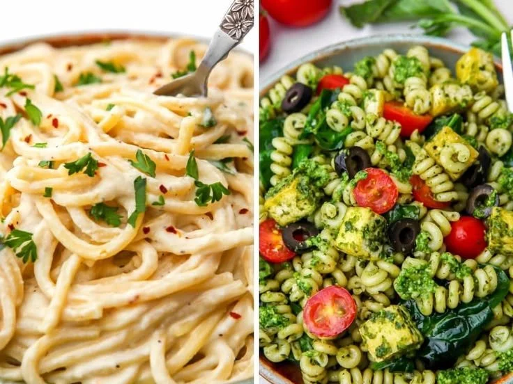 A bowl of delicious vegan pasta topped with fresh herbs and vegetables.