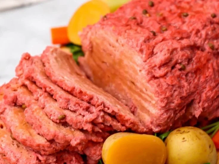 Vegan seitan corned beef served on a plate with cabbage and carrots.