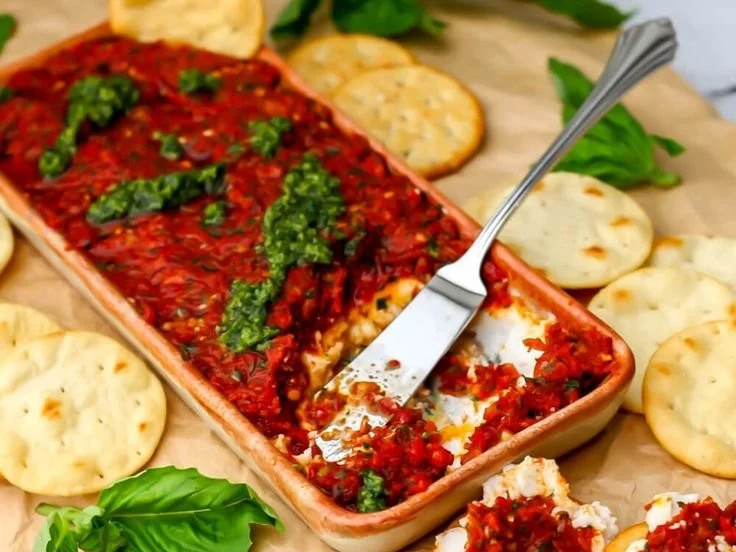 Vegan sun-dried tomato dip served in a bowl with fresh bread.