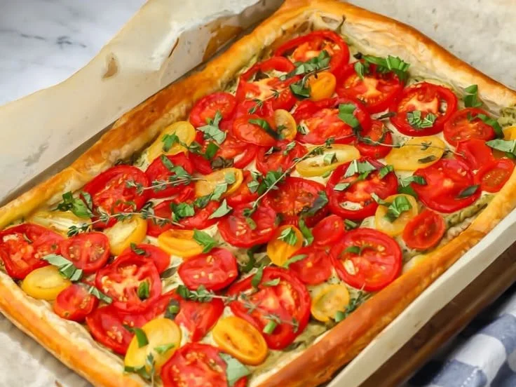 Vegan tomato tart fresh out of the oven topped with herbs and spices