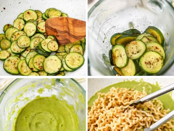 Bowl of Vegan Zucchini Pasta Sauce served with noodles and fresh basil.