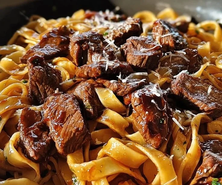 Delicious velvety Honey BBQ Steak Fettuccine in a single pan