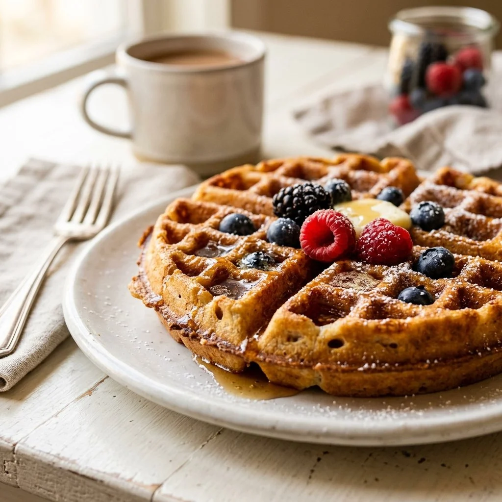 Delicious homemade waffles served with syrup and berries