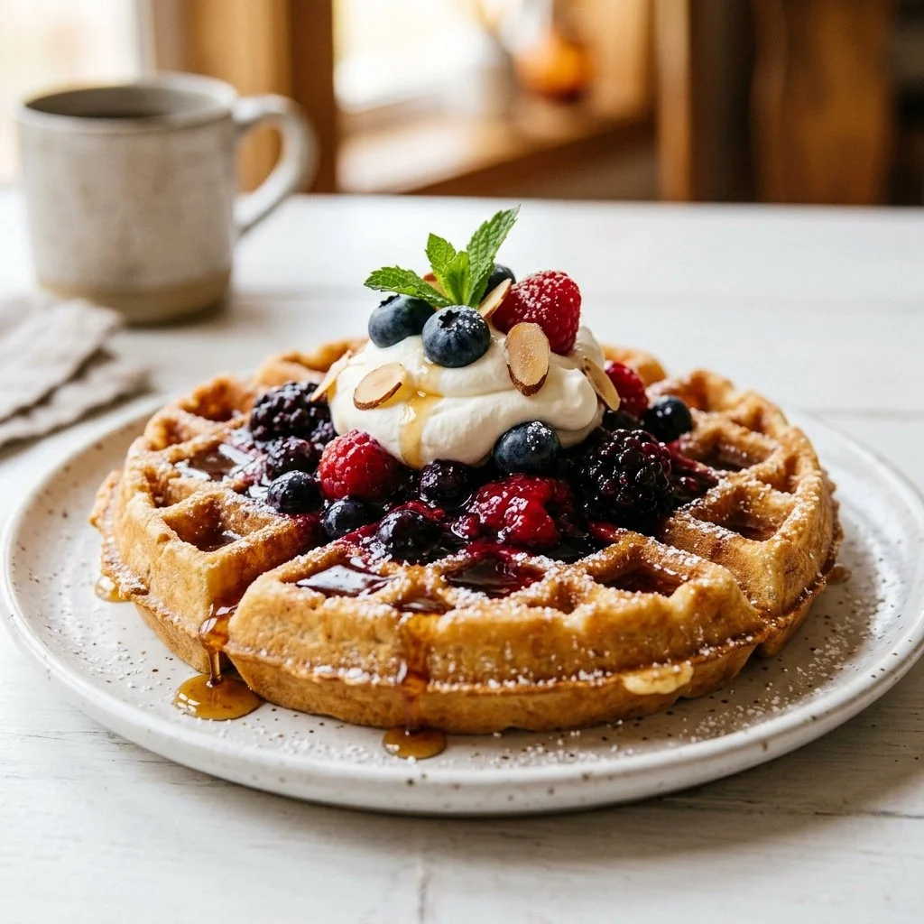 Delicious golden waffles served with syrup and berries