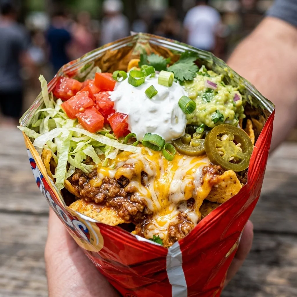 Delicious walking tacos in a portable bag, perfect for outdoor events.