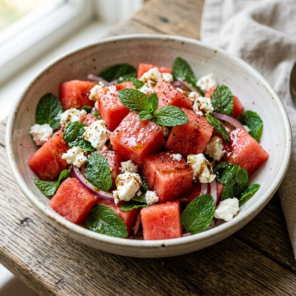 Delicious watermelon feta salad with fresh mint and feta cheese