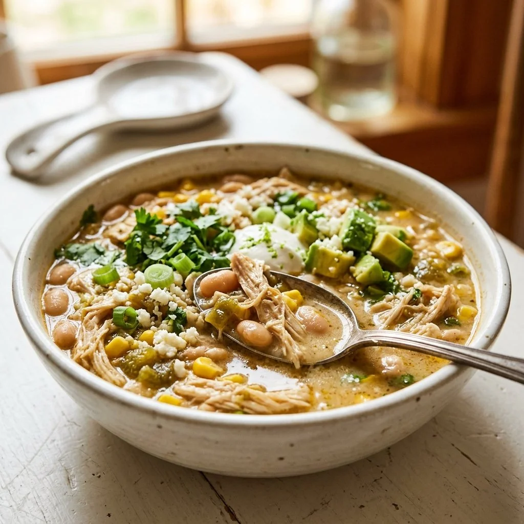 Delicious white chicken chili served in a bowl, garnished with cilantro.