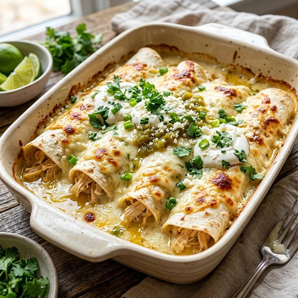 Creamy white chicken enchiladas topped with cheese and green sauce